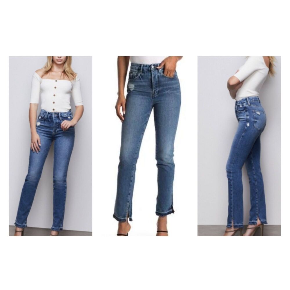 NWT SZ 15 / 36 Waist Good American Good Boy Double Slit Hem Jeans Blue 404